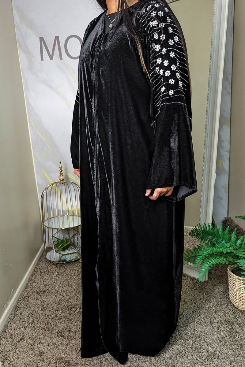 Black Velvet Silver Florals Abaya