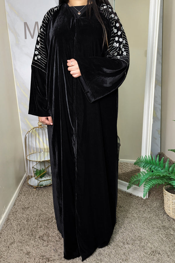 Black Velvet Silver Florals Abaya