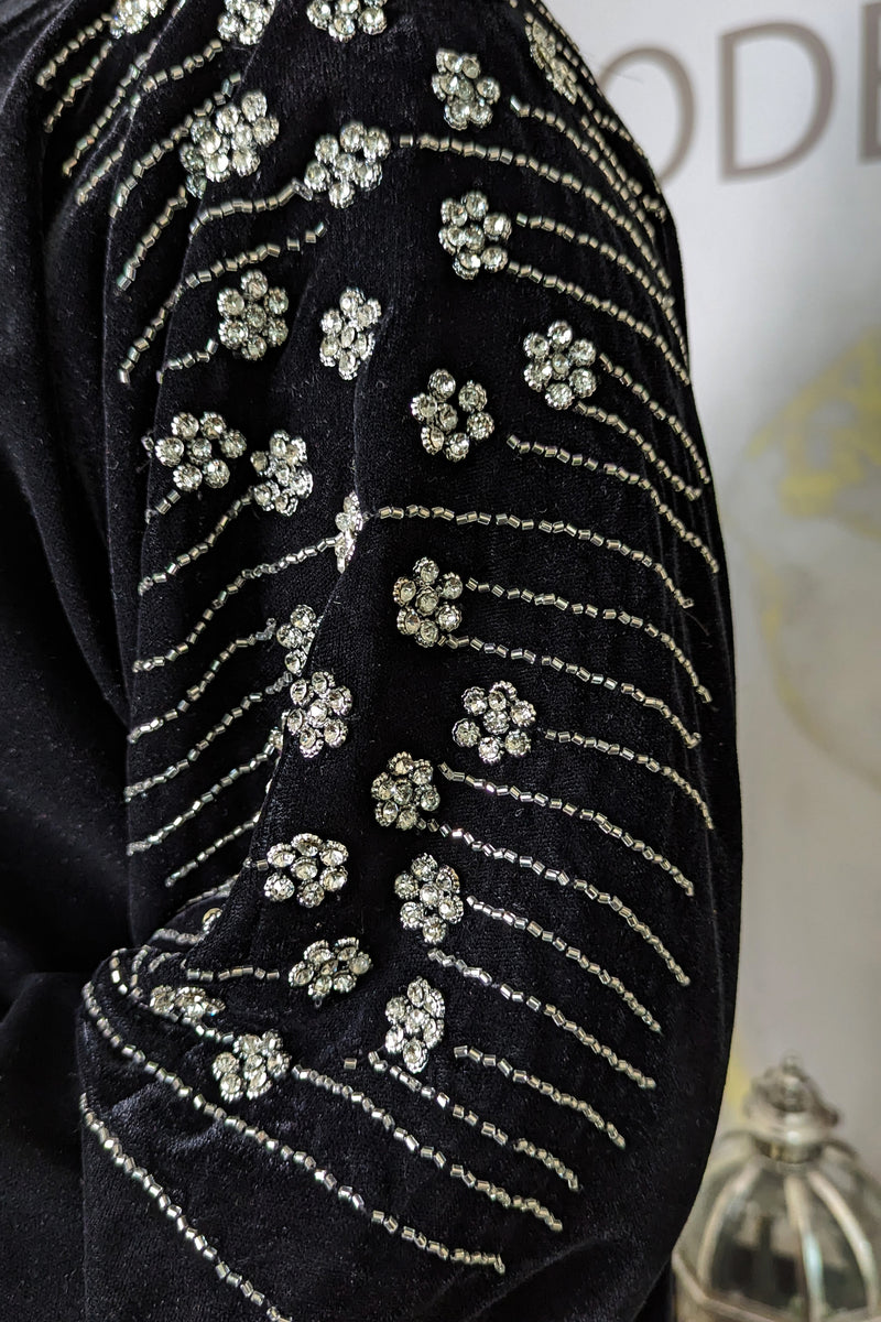 Black Velvet Silver Florals Abaya