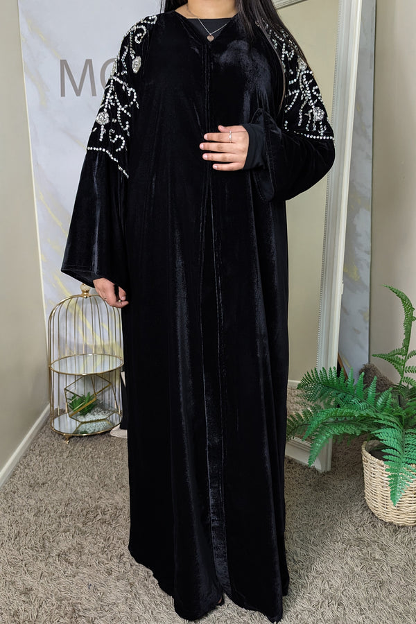 Black Velvet Silver Leaf Abaya