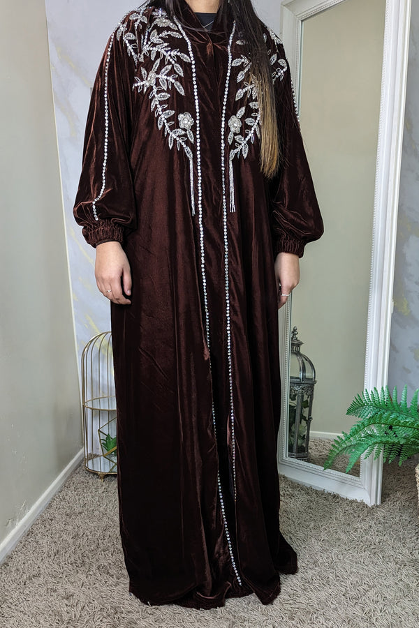 Brown Velvet Silver Florals Abaya