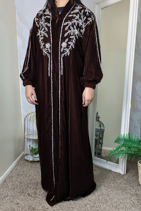 Brown Velvet Silver Florals Abaya