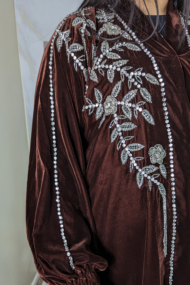 Brown Velvet Silver Florals Abaya