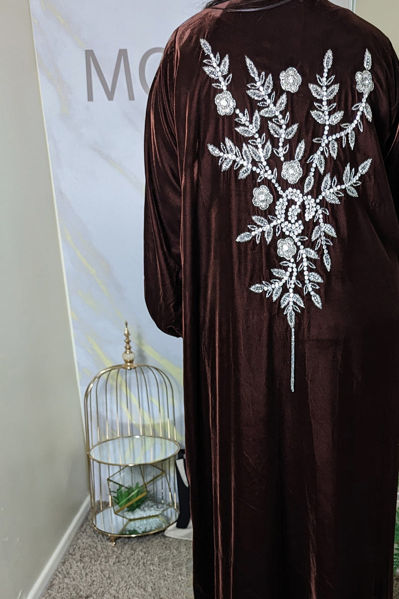 Brown Velvet Silver Florals Abaya