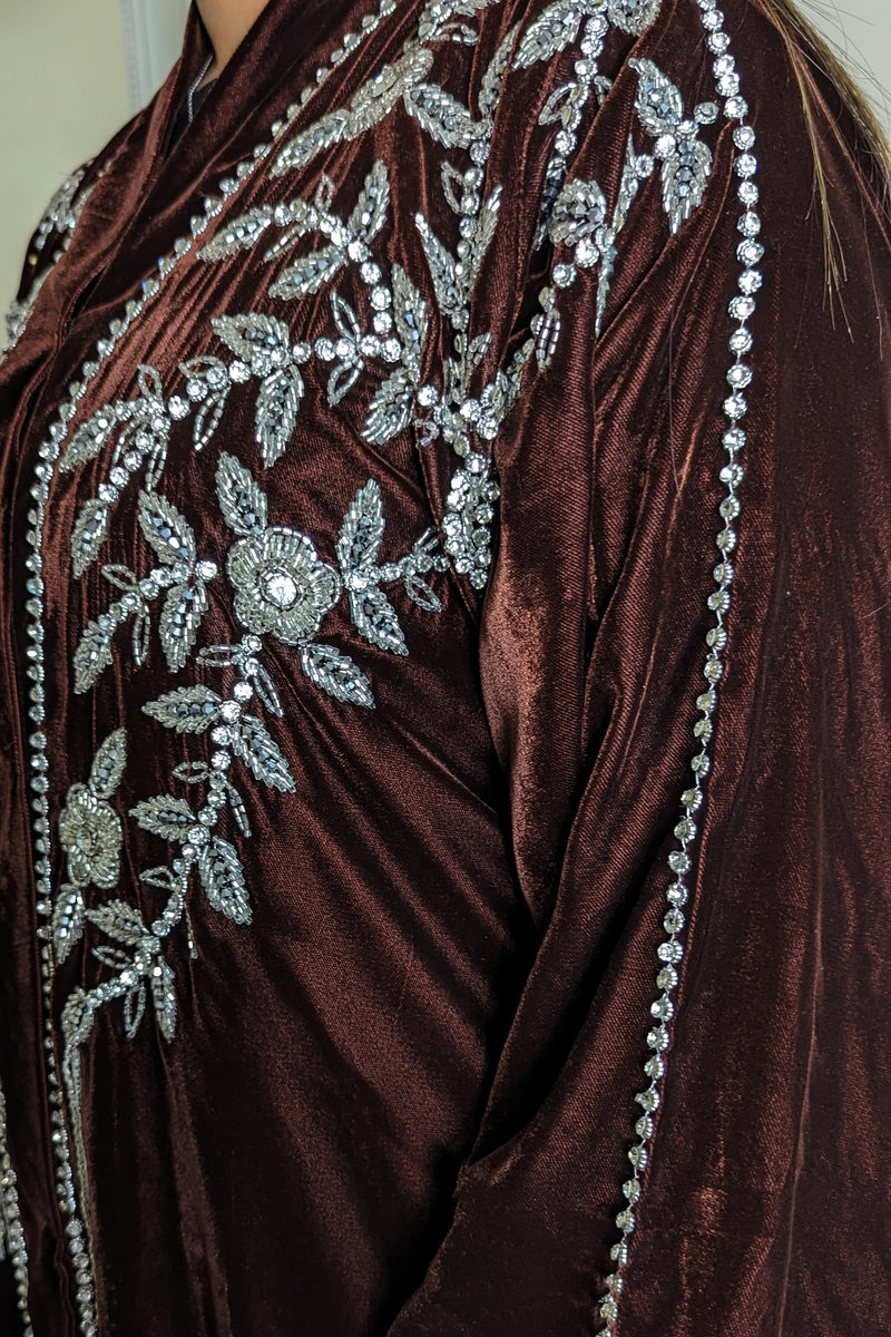 Brown Velvet Silver Florals Abaya