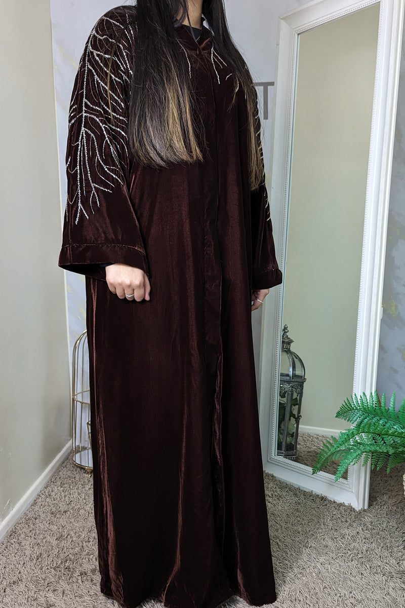 Brown Velvet Silver Branch Abaya