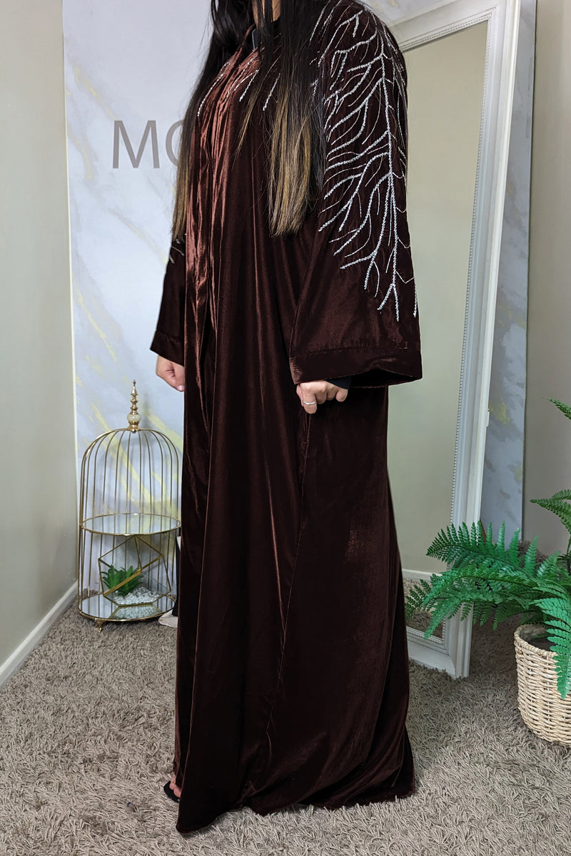 Brown Velvet Silver Branch Abaya