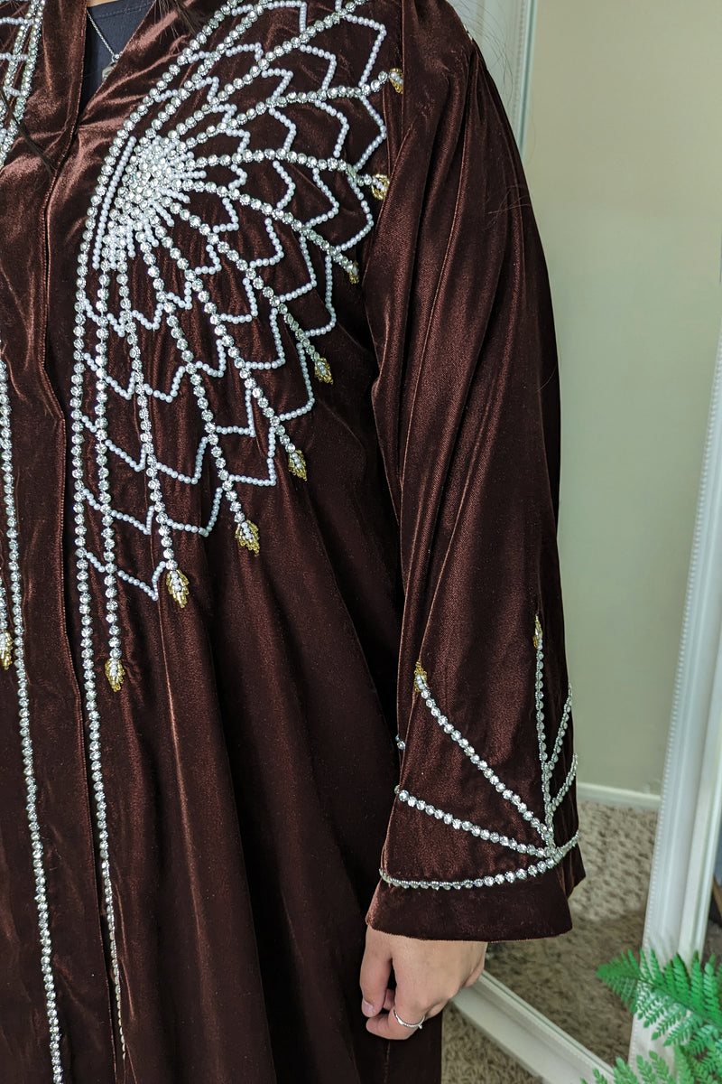 Brown Velvet Abaya Pearl Details