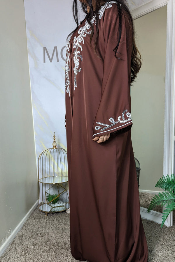 Brown Abaya with Crystal Pearl Embellishment