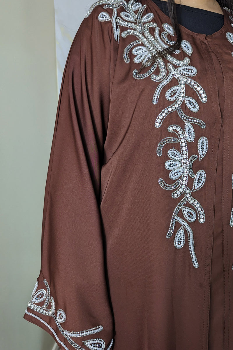 Brown Abaya with Crystal Pearl Embellishment