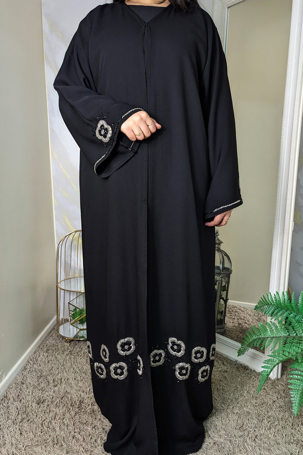 Silver with Black Floral Beaded Abaya