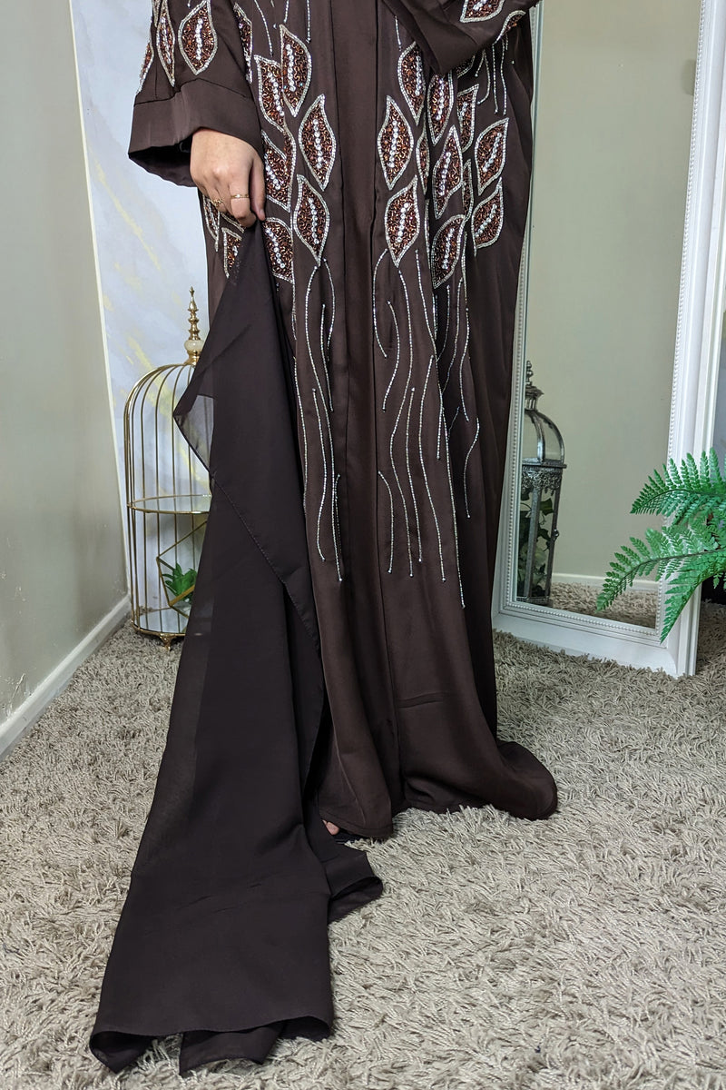 Dark Brown Abaya with Full Front Leaf Embellishment