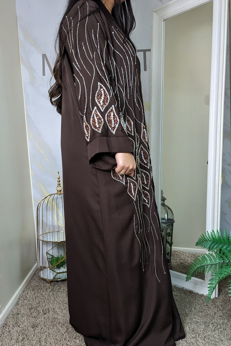 Dark Brown Abaya with Full Front Leaf Embellishment