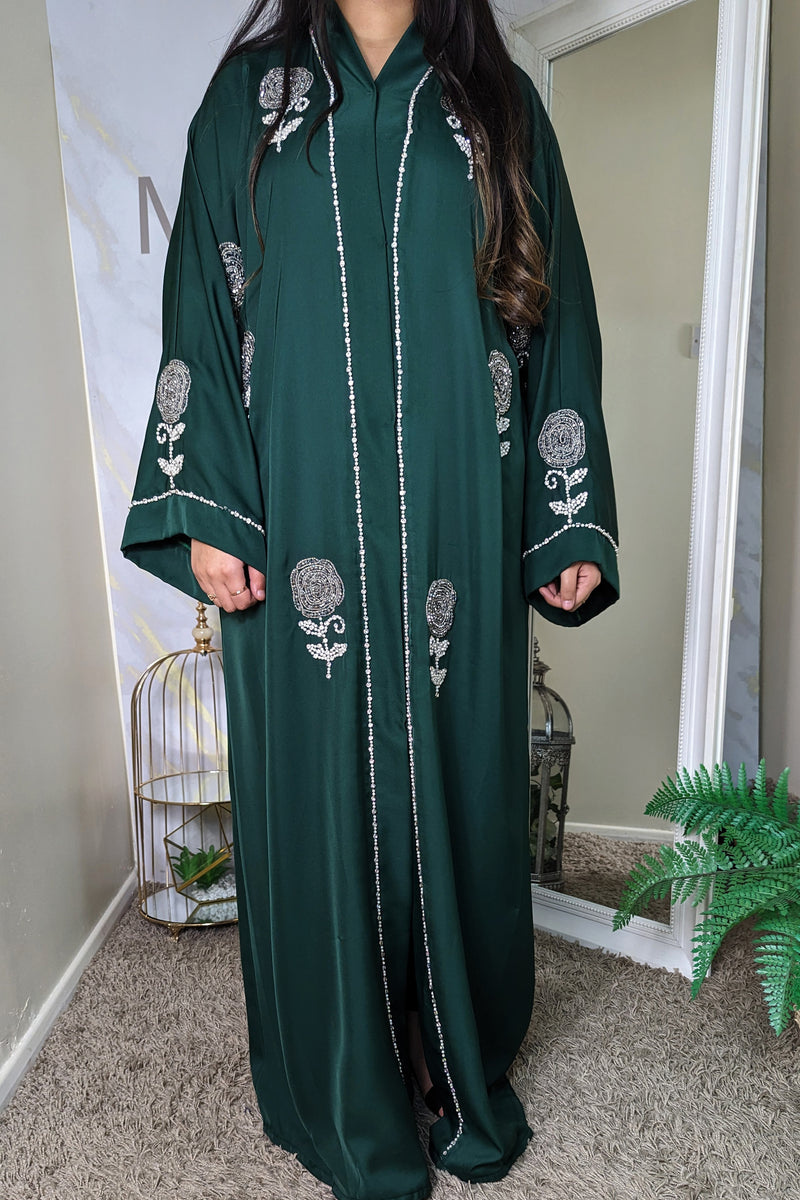 Bottle Green Silver Rose Abaya