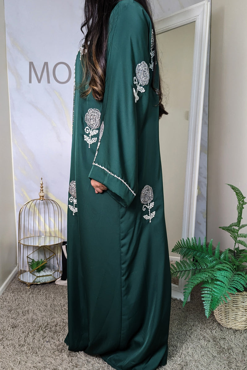 Bottle Green Silver Rose Abaya