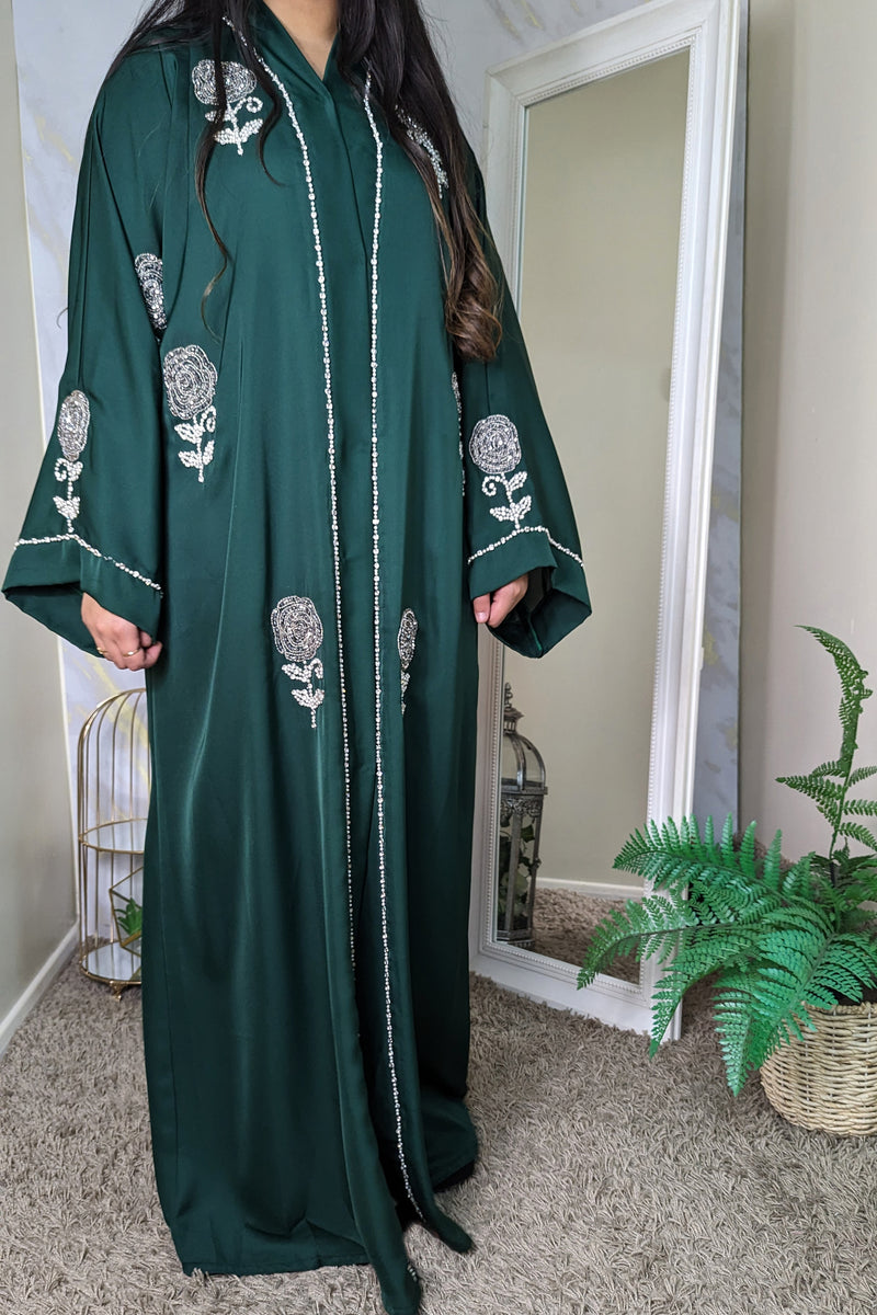 Bottle Green Silver Rose Abaya