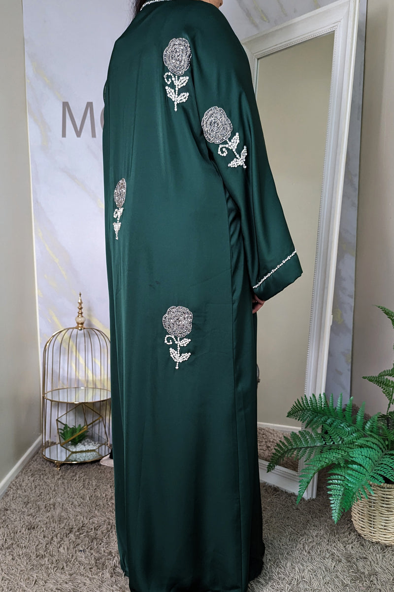 Bottle Green Silver Rose Abaya