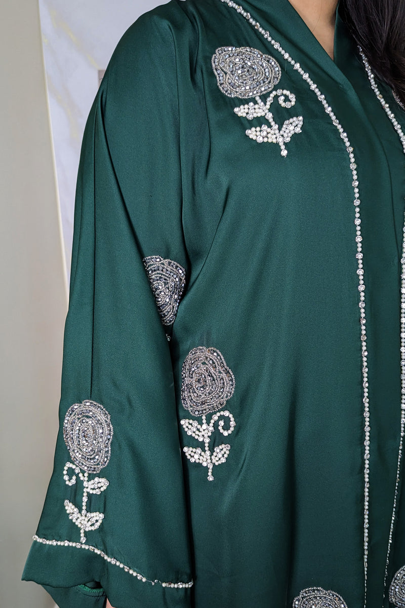 Bottle Green Silver Rose Abaya