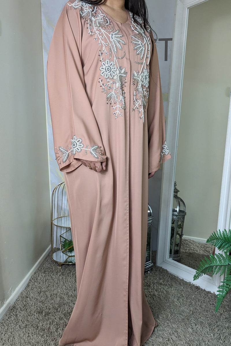 Nude Pink Abaya with Crystal Details