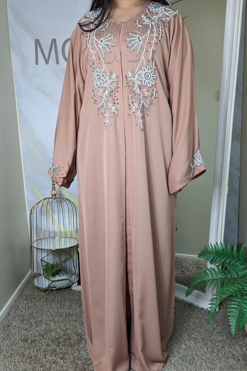 Nude Pink Abaya with Crystal Details