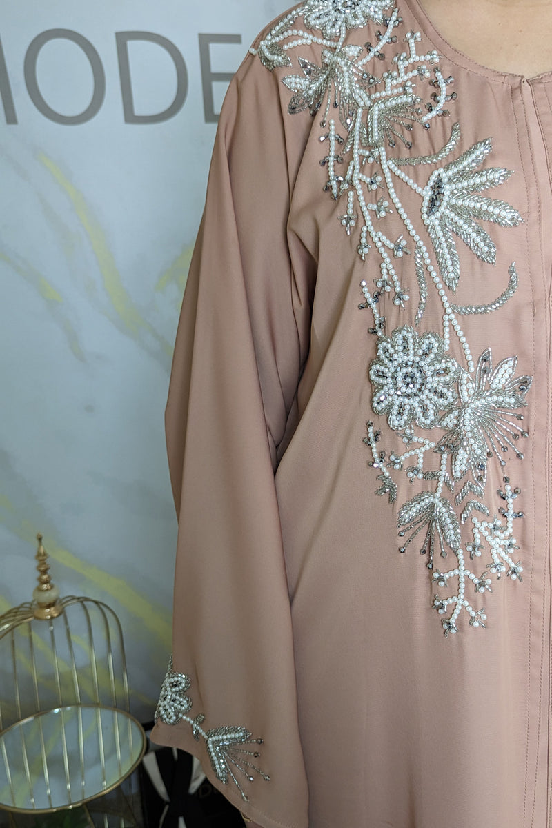 Nude Pink Abaya with Crystal Details