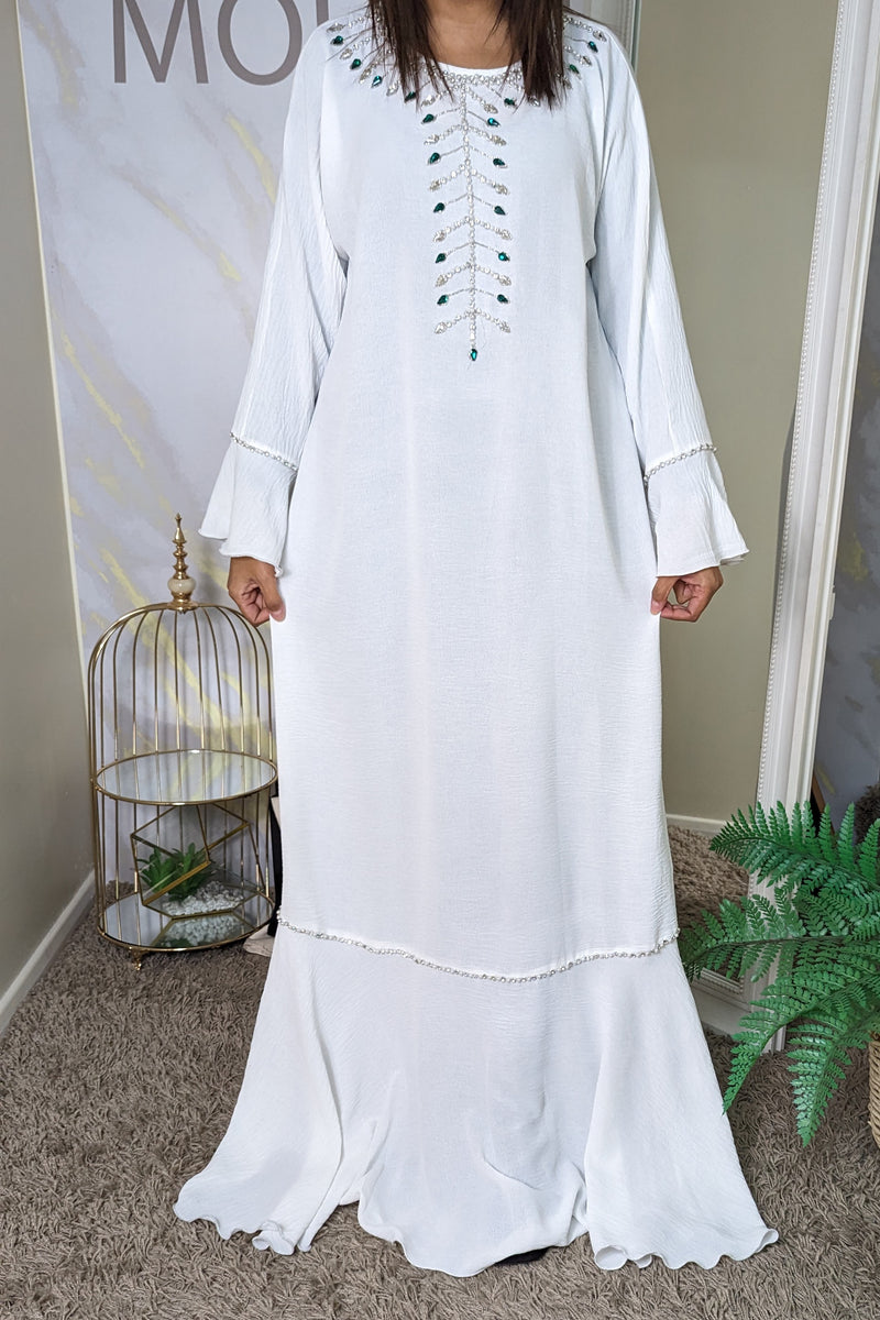 White with Green Gem Abaya