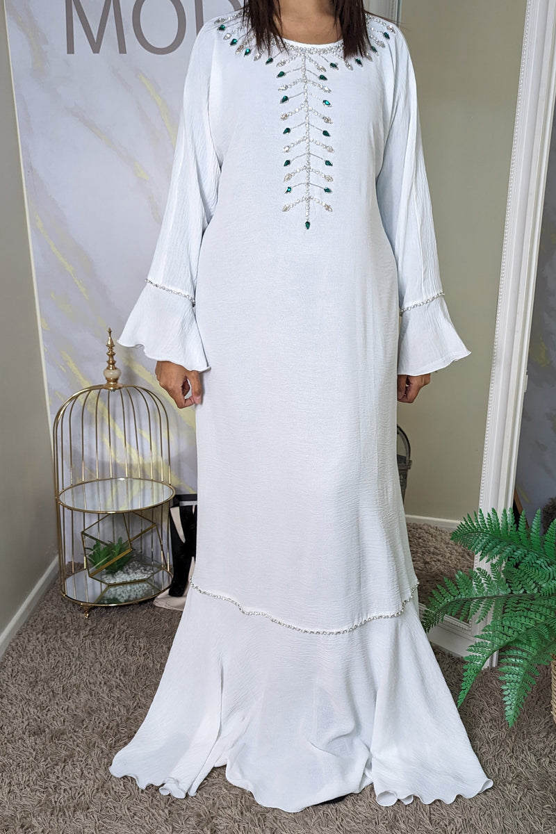 White with Green Gem Abaya