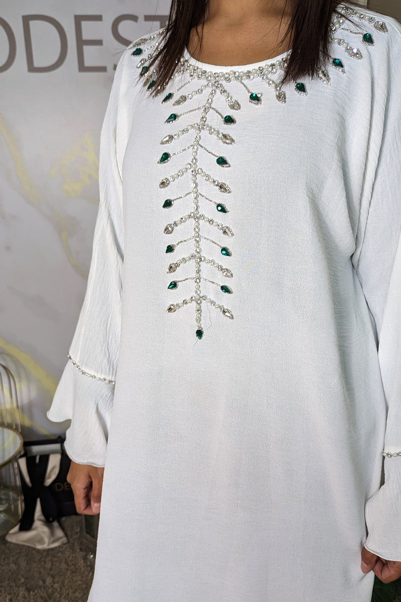 White with Green Gem Abaya