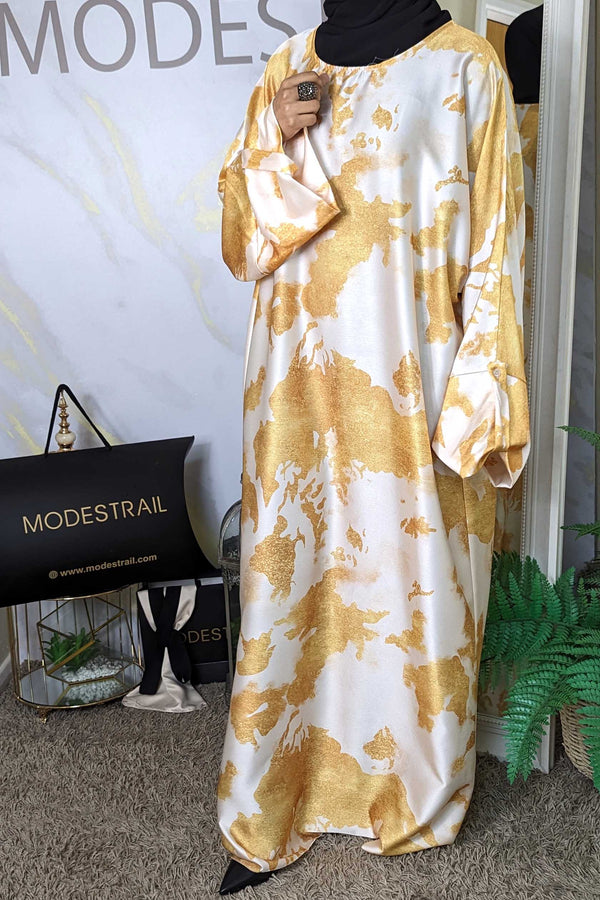 Cream Paint Print Oversized Satin Dress