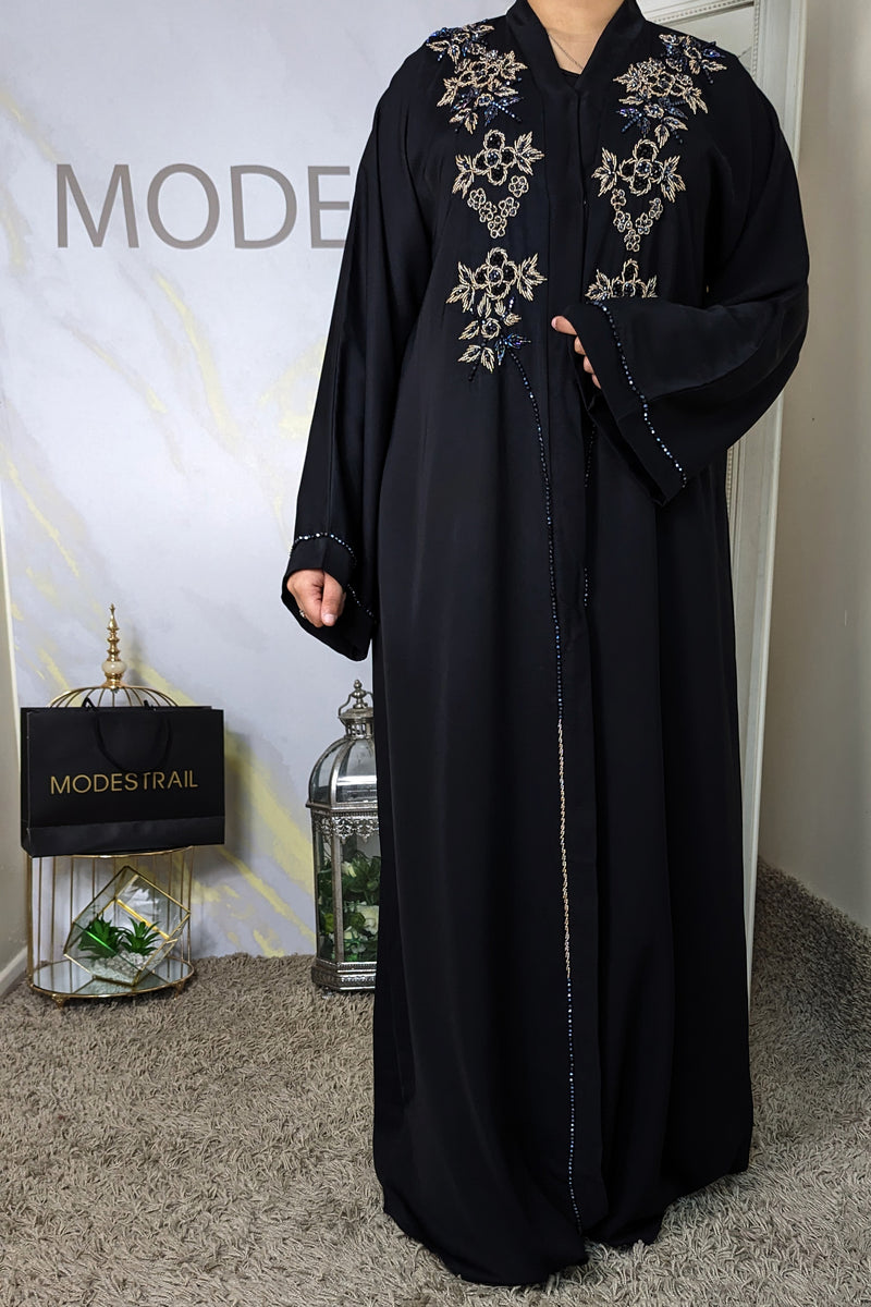 Black Floral Beaded Abaya