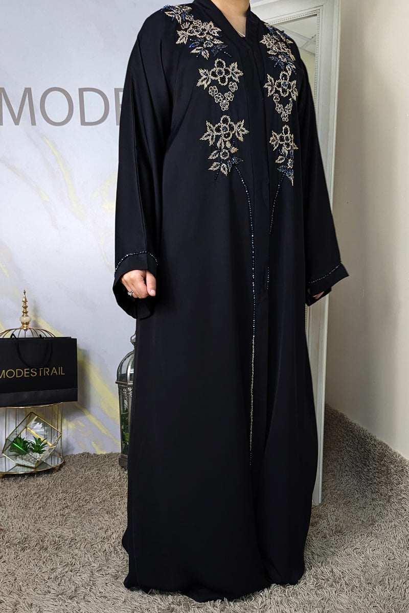 Black Floral Beaded Abaya