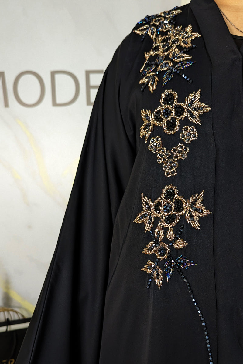 Black Floral Beaded Abaya