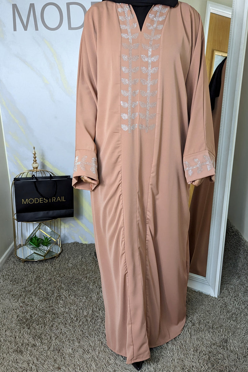 peach diamante detail abaya