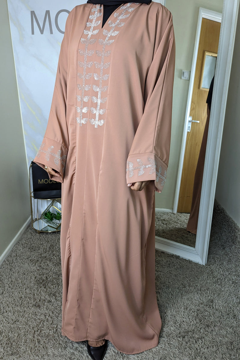 peach diamante detail abaya
