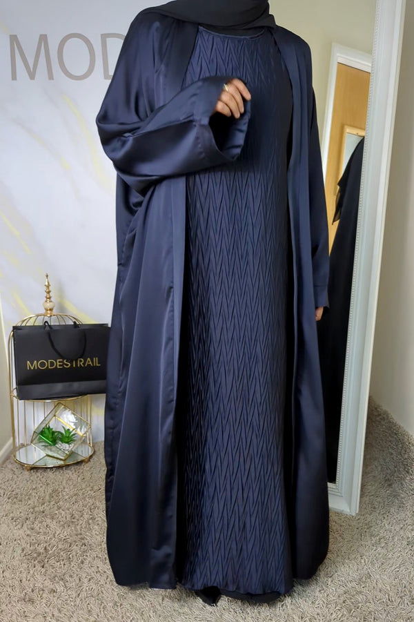 Navy Satin 2 Piece crinkle abaya