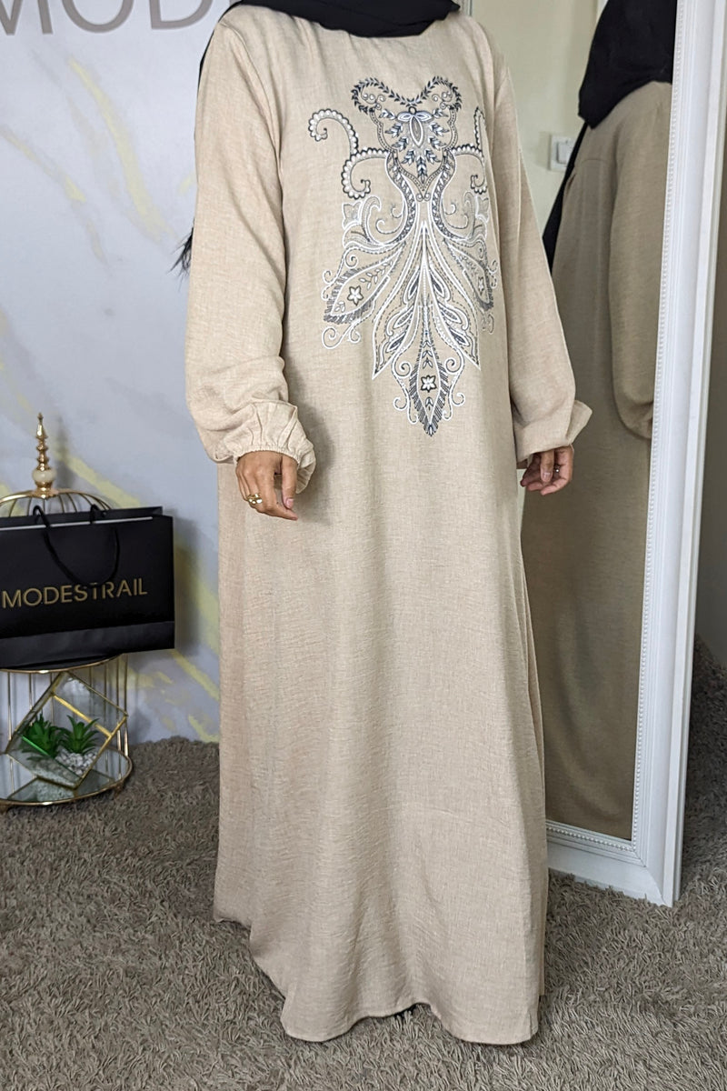 Beige cotton printed abaya