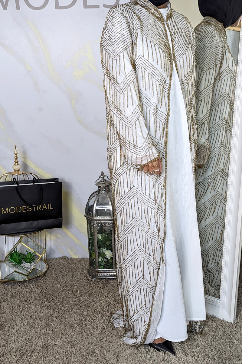 White Tassel Embellished Open Abaya