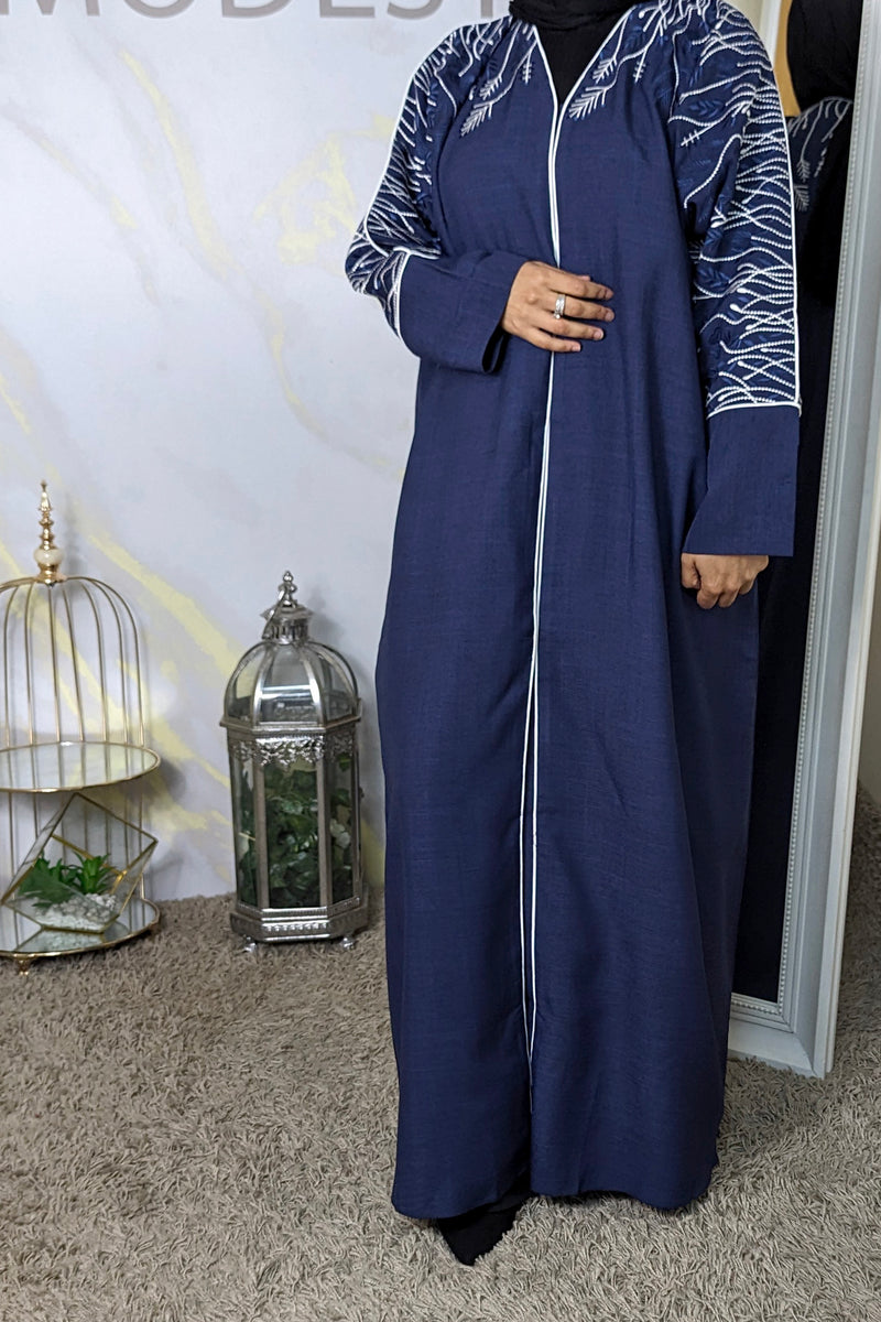 Navy & White Embroidered Linen Abaya