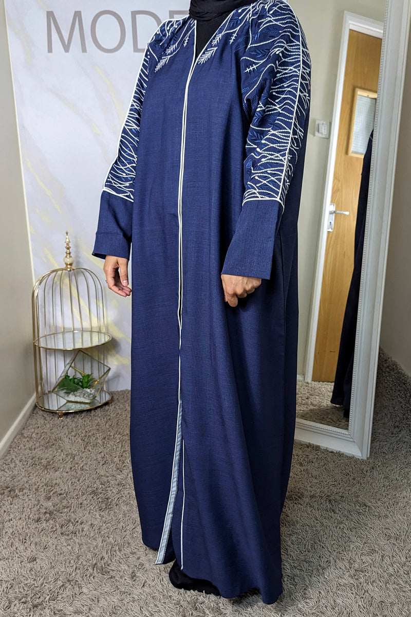 Navy & White Embroidered Linen Abaya