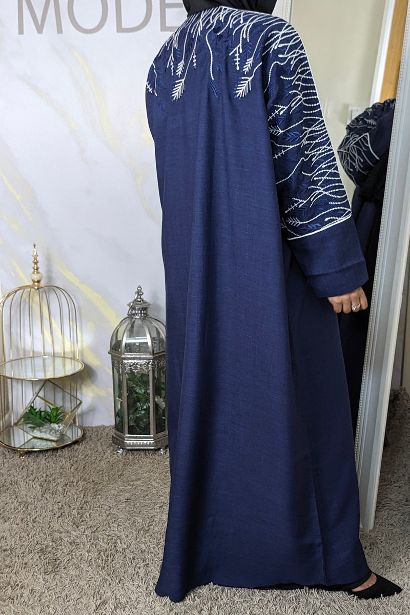 Navy & White Embroidered Linen Abaya