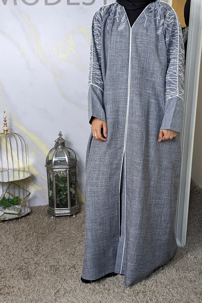 Grey & White embroidered Linen Abaya