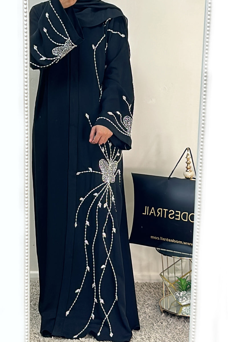 Black Abaya with Butterfly Pearl Details