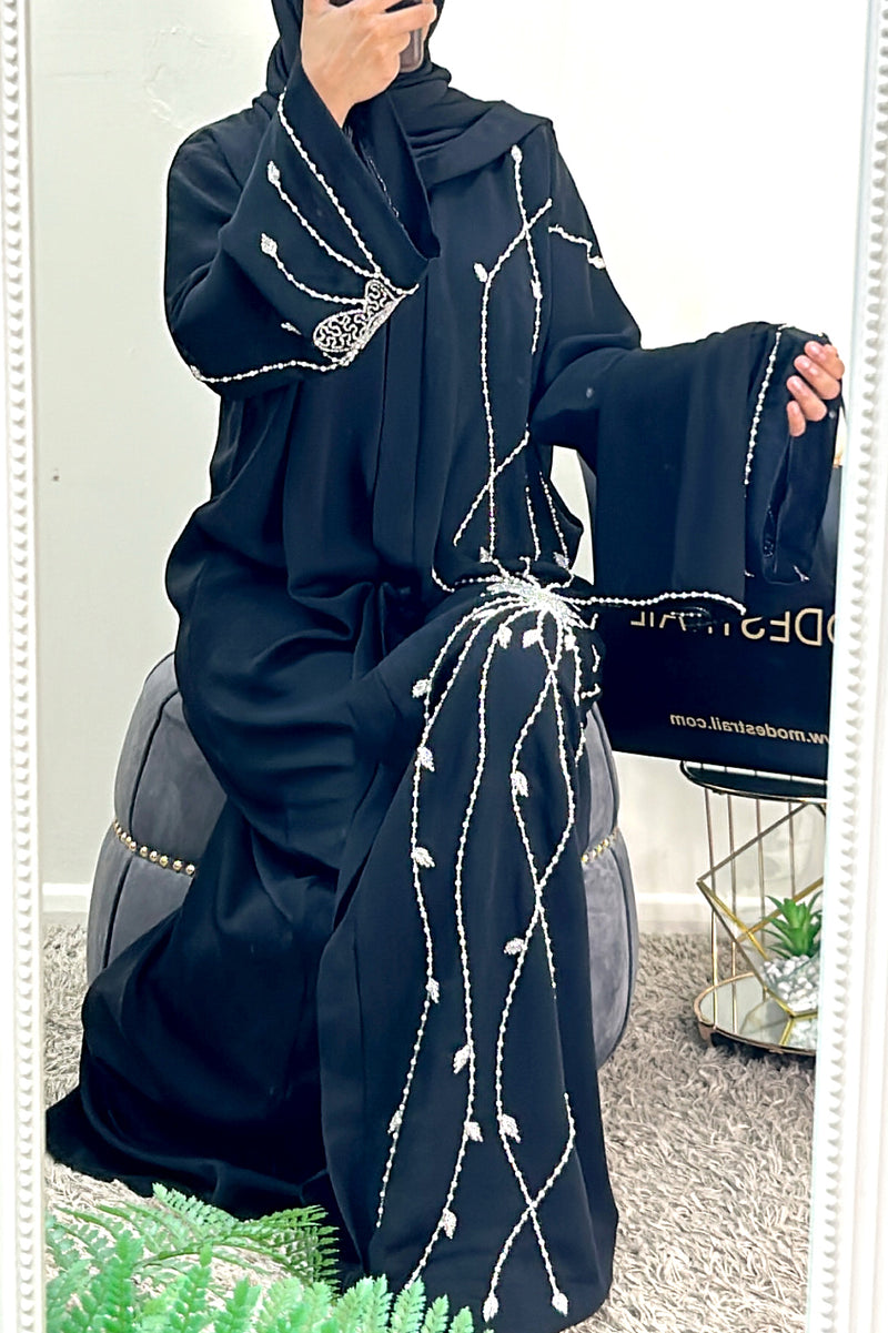 Black Abaya with Butterfly Pearl Details