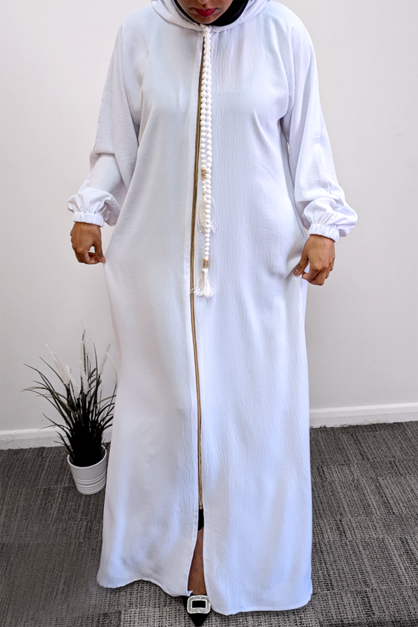 White Zip-Up Hood Abaya