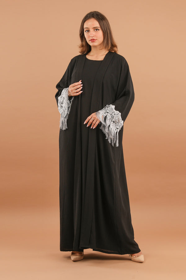 Black Abaya With Grey Tassel Lace