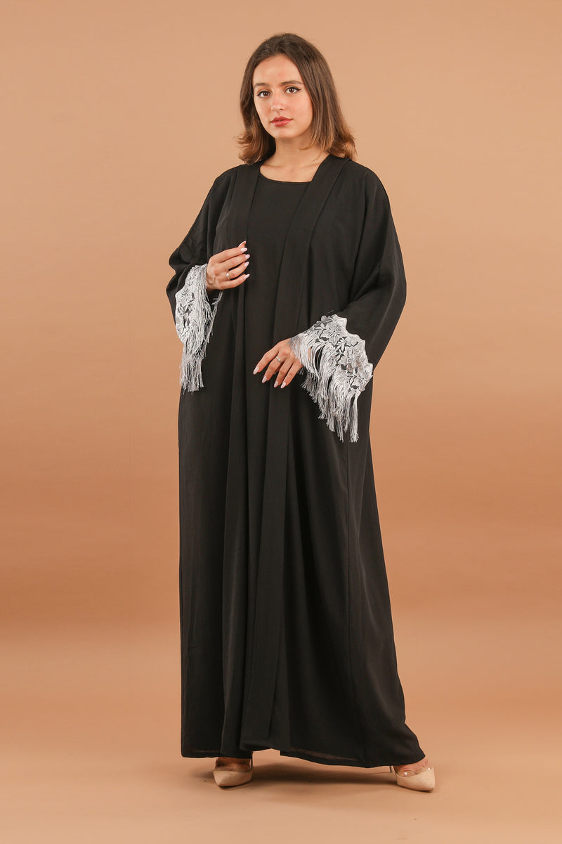 Black Abaya With Grey Tassel Lace