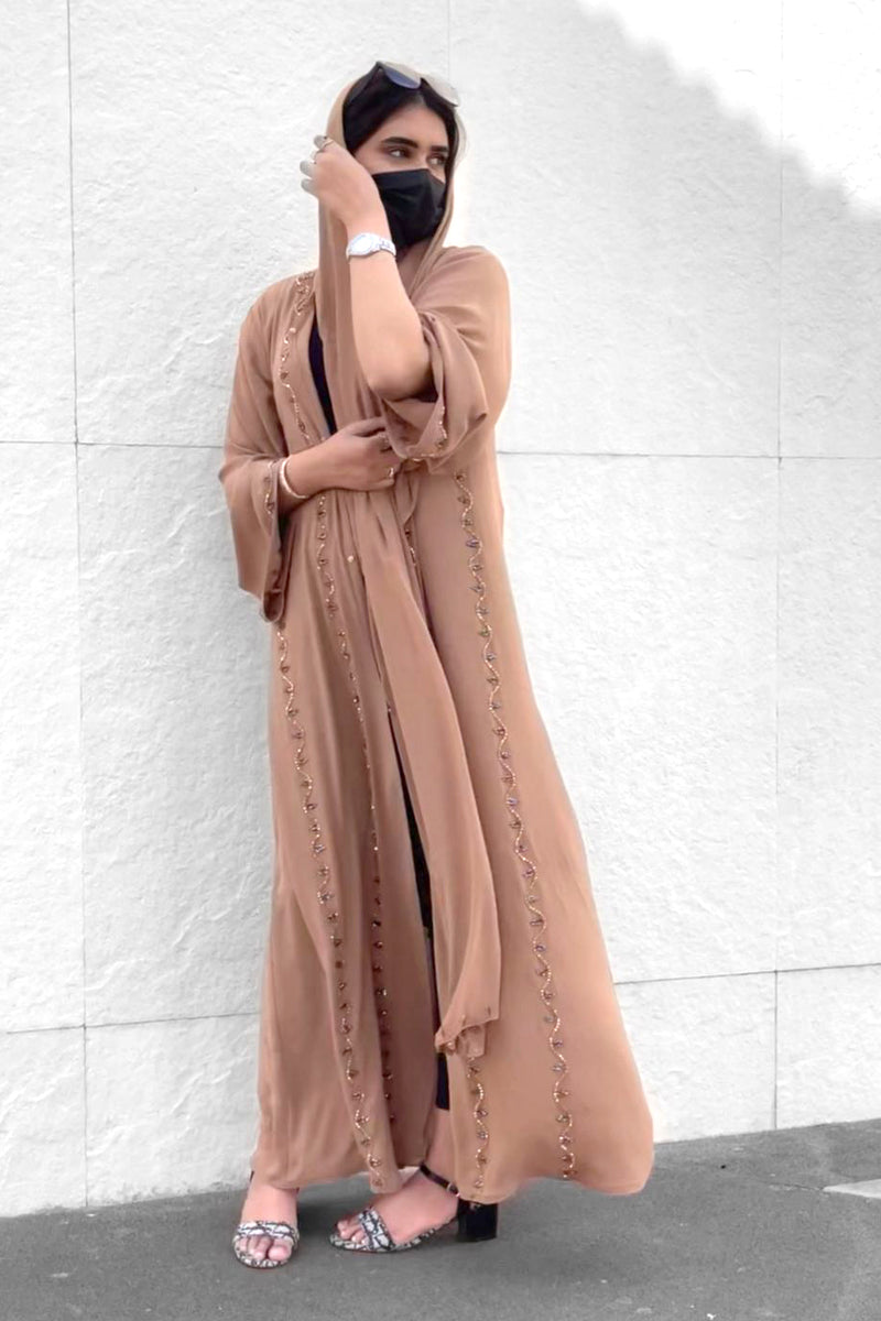 Tan Bead Embellished Abaya