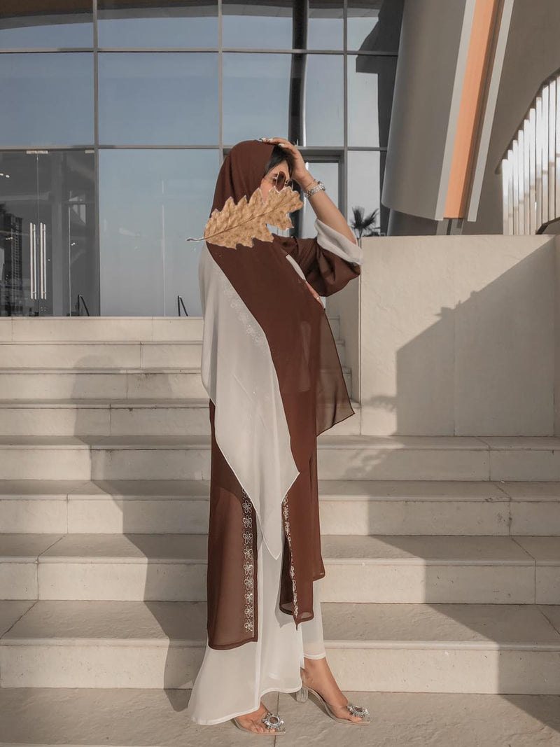 Brown & White Layered Abaya