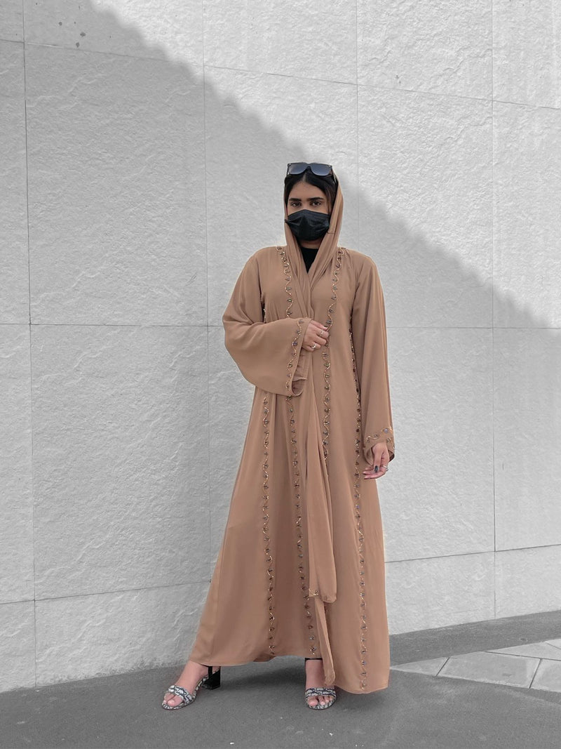 Tan Bead Embellished Abaya