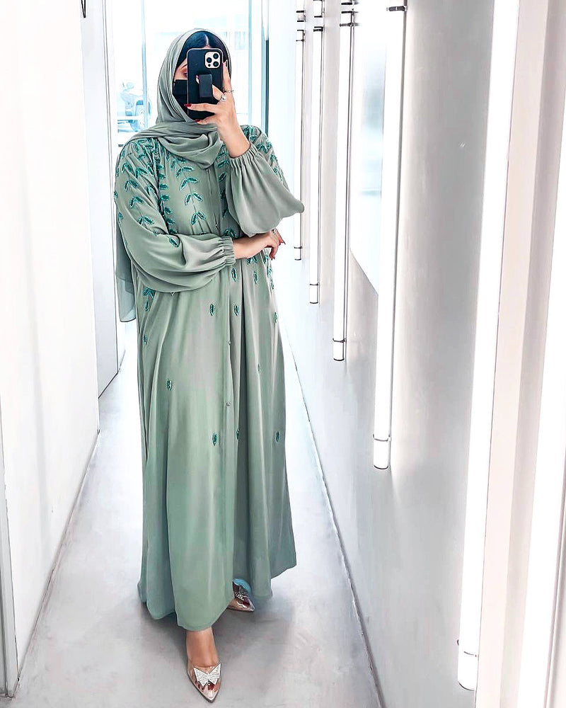 Sage Abaya With Emerald Detail